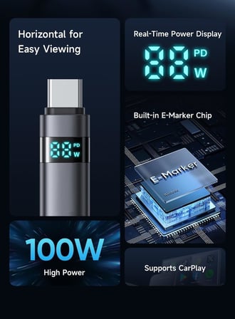 Ca-5610 USB-C To USB-C 100W Kablo Yatay Led Ekranli Siyah