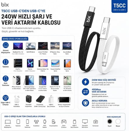 Bix T5CC-WT Beyaz 1 Metre 240W Type-C to Type-C Örgülü Hızlı Şarj ve Data Kablosu, 480Mbps 240W Type C Turbo Şarj Kablosu, (Tüm Type C Telefon ve Tabletlerle Uyumludur) (Max 48V 5A)