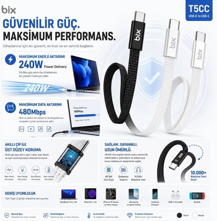 Bix T5CC-WT Beyaz 1 Metre 240W Type-C to Type-C Örgülü Hızlı Şarj ve Data Kablosu, 480Mbps 240W Type C Turbo Şarj Kablosu, (Tüm Type C Telefon ve Tabletlerle Uyumludur) (Max 48V 5A)