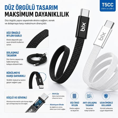 Bix T5CC-WT Beyaz 1 Metre 240W Type-C to Type-C Örgülü Hızlı Şarj ve Data Kablosu, 480Mbps 240W Type C Turbo Şarj Kablosu, (Tüm Type C Telefon ve Tabletlerle Uyumludur) (Max 48V 5A)