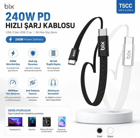 Bix T5CC-WT Beyaz 1 Metre 240W Type-C to Type-C Örgülü Hızlı Şarj ve Data Kablosu, 480Mbps 240W Type C Turbo Şarj Kablosu, (Tüm Type C Telefon ve Tabletlerle Uyumludur) (Max 48V 5A)