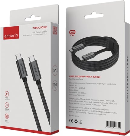 240W, 20 Gbps, 4K 60Hz, USB C'den USB C'ye, Örgülü Hızlı Şarj, Görüntü ve Veri Aktarım Kablosu PD 3.2, 5A, iPhone 15, 16, 17, M2 MacBook Pro, Air, iPad Pro ve Galaxy S25, S24, S23 ile Uyumlu