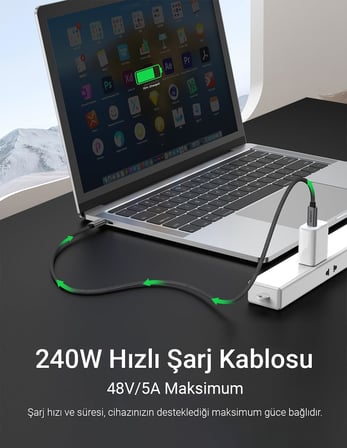 240W, 20 Gbps, 4K 60Hz, USB C'den USB C'ye, Örgülü Hızlı Şarj, Görüntü ve Veri Aktarım Kablosu PD 3.2, 5A, iPhone 15, 16, 17, M2 MacBook Pro, Air, iPad Pro ve Galaxy S25, S24, S23 ile Uyumlu
