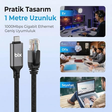 C6C01 USB-C to RJ45 1000Mbps Gigabit Ethernet Dönüştürücü CAT6 Kablo 1 Metre Thunderbolt 3/4/5, Mac/Windows/iPad/Android Uyumlu