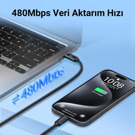 60W Type-C to Type-C RGB Aydınlatmalı Örgülü Şarj ve Data Kablosu 1 Metre