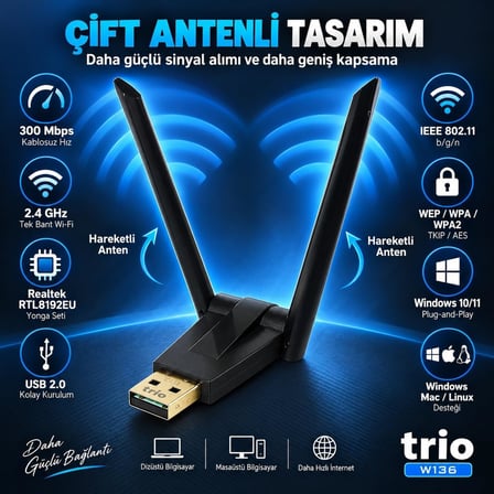 TRIO W136 300Mbps Realtek RTL8192EU Kablosuz WiFi Adaptör, Çift Antenli USB Wireless Dongle, PC Laptop Notebook İçin USB WiFi Alıcı, Windows 10/11 Uyumlu Tak Çalıştır Kablosuz İnternet Adaptörü