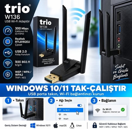 TRIO W136 300Mbps Realtek RTL8192EU Kablosuz WiFi Adaptör, Çift Antenli USB Wireless Dongle, PC Laptop Notebook İçin USB WiFi Alıcı, Windows 10/11 Uyumlu Tak Çalıştır Kablosuz İnternet Adaptörü