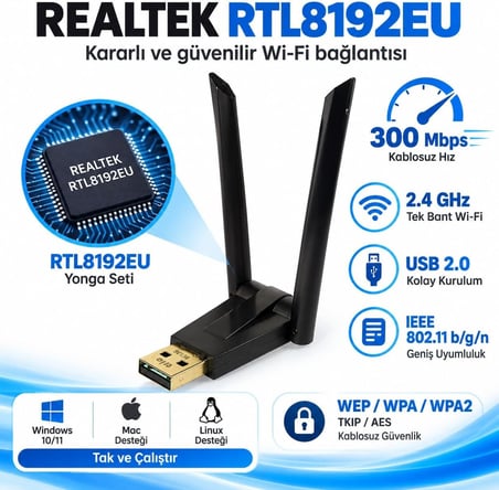 TRIO W136 300Mbps Realtek RTL8192EU Kablosuz WiFi Adaptör, Çift Antenli USB Wireless Dongle, PC Laptop Notebook İçin USB WiFi Alıcı, Windows 10/11 Uyumlu Tak Çalıştır Kablosuz İnternet Adaptörü