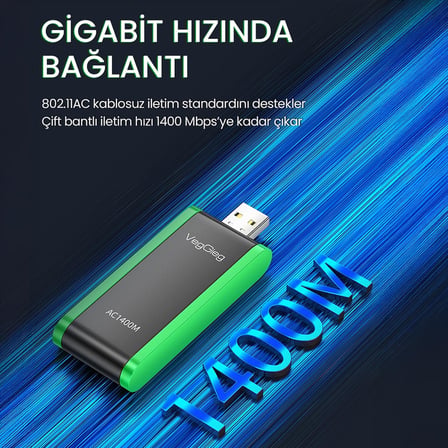 1400 Mbps 2.4GHz/5GHz Dual Band Gigabit Alıcı Verici USB WiFi Adaptör