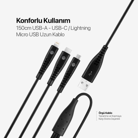 by Ttec Trio Şarj Kablosu USB-A - USB-C/Lightning ile Uyumlu/Micro USB 150cm - Siyah ((2 yıl Ttec garantilidir)