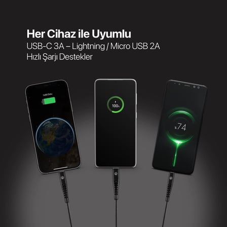 by Ttec Trio Şarj Kablosu USB-A - USB-C/Lightning ile Uyumlu/Micro USB 150cm - Siyah ((2 yıl Ttec garantilidir)