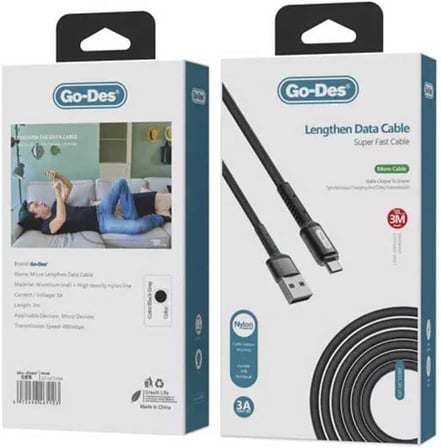 Go Des GD-UC559 USB Micro Örgülü Kablo Hızlı Şarj Destekli 3 Metre