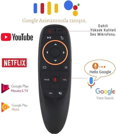 Kablosuz Air Mouse, Google Asistan Uyumlu Sesli Kumanda, 2.4GHz USB Alıcılı, 6 Eksenli Jiroskop, IR Öğrenme Özellikli, PC, Android TV Box, Smart TV Uyumlu