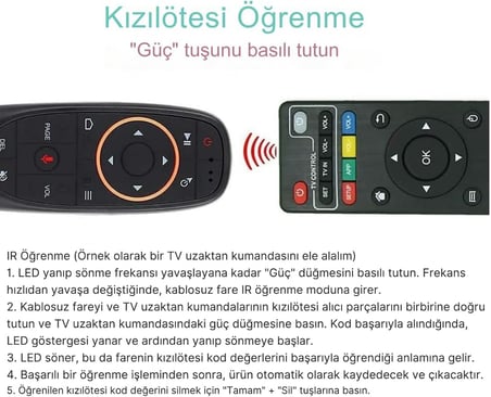 Kablosuz Air Mouse, Google Asistan Uyumlu Sesli Kumanda, 2.4GHz USB Alıcılı, 6 Eksenli Jiroskop, IR Öğrenme Özellikli, PC, Android TV Box, Smart TV Uyumlu