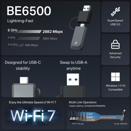 Archer TBE400U USB 3.0 Wi-Fi 7 Tri-Band Kablosuz Adaptör, BE6500, 6 GHz/5 GHz/2.4 GHz, 72x24x10.8 mm