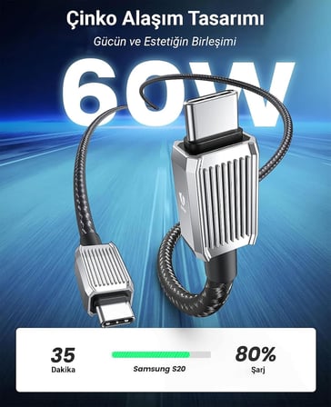 60W 3A PD Type-C to Type-C Hızlı Şarj ve Data Kablosu 1 Metre Siyah
