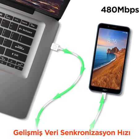 Micro USB Şarj ve Senkronizasyon Kablosu, Beyaz
