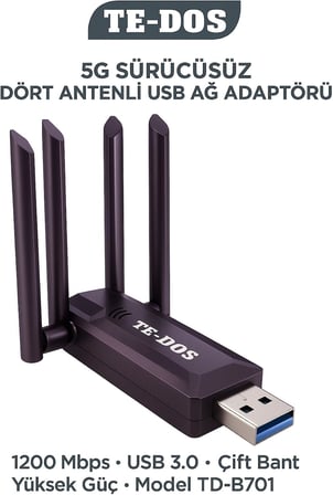 USB 3.0 Çift Bant WiFi Adaptörü 1200 Mbps 4 Antenli Yüksek Çekim Gücü 2.4GHz 5GHz Driver Gerektirmez Masaüstü ve Dizüstü Bilgisayar İçin Kablosuz Ağ Kartı | TE-DOS TD-B701