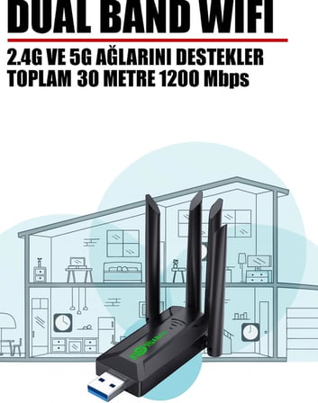 USB 3.0 Çift Bant WiFi Adaptörü 1200 Mbps 4 Antenli Yüksek Çekim Gücü 2.4GHz 5GHz Driver Gerektirmez Masaüstü ve Dizüstü Bilgisayar İçin Kablosuz Ağ Kartı | TE-DOS TD-B701