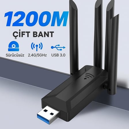 USB 3.0 Çift Bant WiFi Adaptörü 1200 Mbps 4 Antenli Yüksek Çekim Gücü 2.4GHz 5GHz Driver Gerektirmez Masaüstü ve Dizüstü Bilgisayar İçin Kablosuz Ağ Kartı | TE-DOS TD-B701