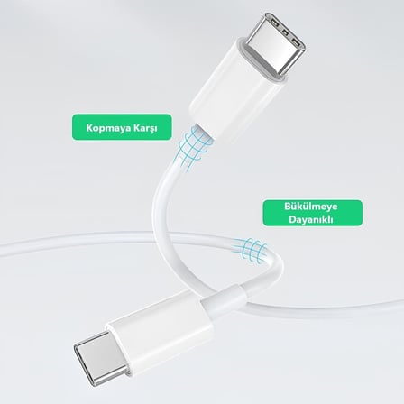Type C to Type C Hızlı Şarj ve Data Transfer Özellikli Şarj Kablosu, 60 W Çift Taraflı USB C Kablo, Yüksek Kaliteli Malzeme 1 Metre/Beyaz