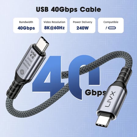 FAST USB 4.0 40Gbps, 240W, 8K60Hz USB4.0 USB-C Kablosu 1.5 Metre Gri KLV-1.5