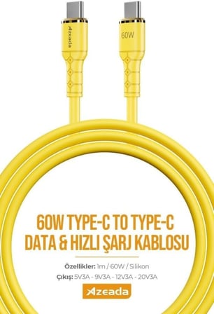 Azeada Linshion Serisi 60W Type-C to Type-C Hızlı Şarj ve Data Kablosu 1m Sarı AZ-B07AS (Sarı - Silikonlu, Type-C to Type-C)