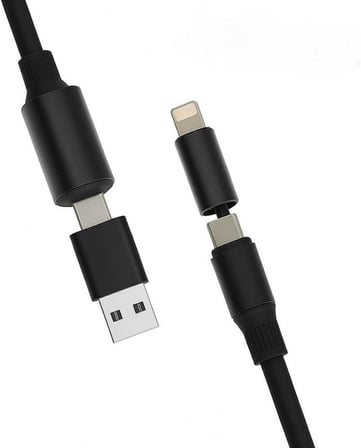 4 in 1 Usb-A+Type-C to Type-C+Lighting İle Uyumlu Süper Hızlı Şarj ve Data Kablosu Siyah(YK-K347, 4 in 1)