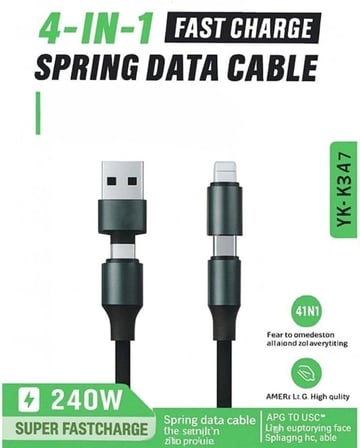 4 in 1 Usb-A+Type-C to Type-C+Lighting İle Uyumlu Süper Hızlı Şarj ve Data Kablosu Siyah(YK-K347, 4 in 1)