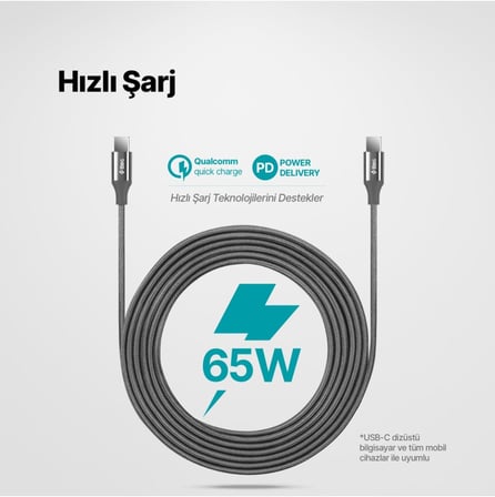 AlumiCable USB-C - USB-C 200cm 60W PD/QC Hızlı Şarj/Data Kablosu Uzay Grisi