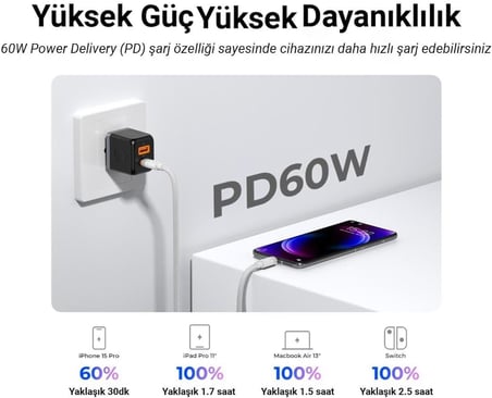 60W 3A PD Type-C to Type-C Hızlı Şarj ve Data Kablosu Beyaz 1 Metre