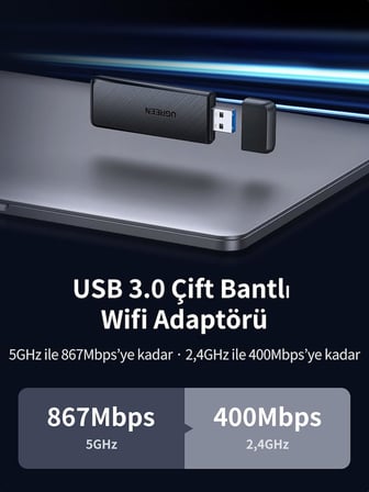 AC1300 USB 3.0 1300Mbps 2.4/5Ghz Wi-Fi Kablosuz Alıcı Ağ Adaptörü