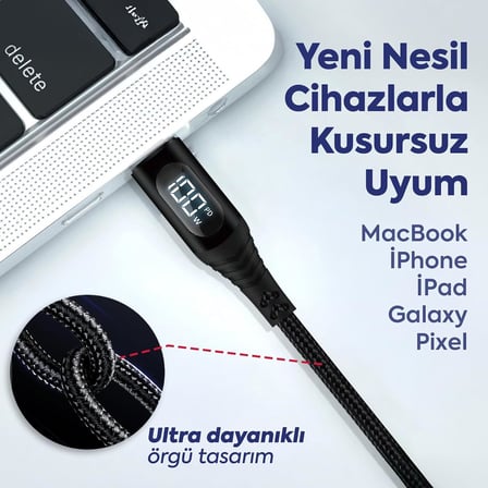 100W Type-C to Type-C Dijital LED Ekranlı Göstergeli Hızlı Şarj Kablosu E-Mark Çipli, Dayanıklı Örgülü, 1.2m, USB-C PD 3.0, iPhone 15 16,17 Xiaomi Telefon, Macbook Tablet ile Uyumlu