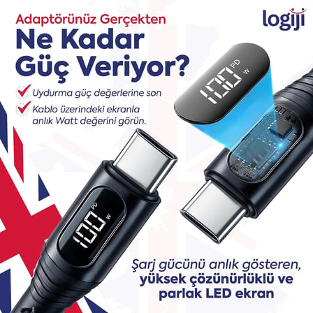 100W Type-C to Type-C Dijital LED Ekranlı Göstergeli Hızlı Şarj Kablosu E-Mark Çipli, Dayanıklı Örgülü, 1.2m, USB-C PD 3.0, iPhone 15 16,17 Xiaomi Telefon, Macbook Tablet ile Uyumlu