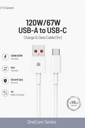 120W/67W USB-A to USB-C Hızlı Şarj ve Data Kablosu 1m Beyaz