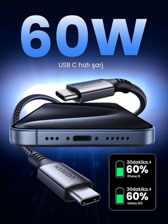 USB C Şarj Kablosu 60W Siyah Naylon USB C - USB C Kablosu PD 3.0 PPS iPhone 15 Pro Max Galaxy S23 S22 S21 A54 A34 A14 iPad Pro 12.9 iPad Air 5/Mini 6, Pixel 7 Pro vb. ile uyumludur. (2M)