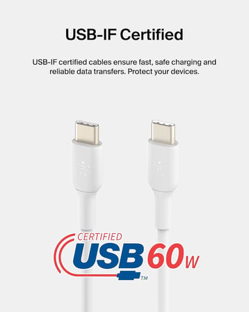 USB-C - USB-C Kablosu (1M/3.3ft), iPhone 15, iPhone 15 Pro, iPhone 15 Pro Max, iPhone 15 Plus, Galaxy S23, S22, Not, Piksel, iPad Pro, USB-C Kablosu için USB-C Hızlı Şarj Kablosu - Beyaz (2'li