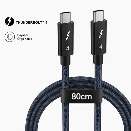 Thunderbolt Type-C to Type-C Kablo 80 cm, Örgülü USB-C Veri ve Şarj Kablosu, Dizüstü Bilgisayar Tablet Telefon Monitör Dock İstasyonu ile Uyumlu Dayanıklı Kablo | ZR949