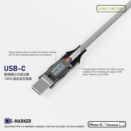 CL200 100W 5A Pd Şarj Kablosu 200 cm Led Güç Göstergeli Hızlı Şarj ve Data Kablosu 480MPS Type-C to Type-C PD 3.0 PPS