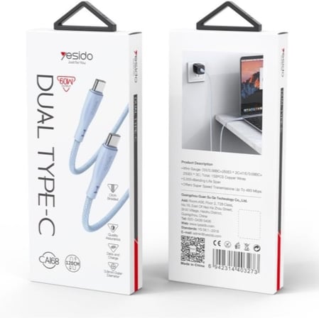 1.2M 60W Type-C to Type-C PD Hızlı Şarj Kablosu - Mavi