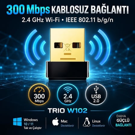 TRIO W102 300 Mbps USB WiFi Adaptör, Realtek RTL8188FTV 2.4 GHz Kablosuz Ağ Adaptörü, 802.11 b/g/n WiFi Dongle, Windows 10/11 Tak Çalıştır