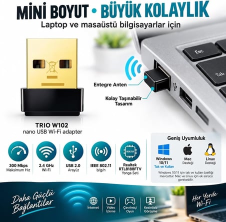 TRIO W102 300 Mbps USB WiFi Adaptör, Realtek RTL8188FTV 2.4 GHz Kablosuz Ağ Adaptörü, 802.11 b/g/n WiFi Dongle, Windows 10/11 Tak Çalıştır