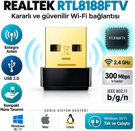 TRIO W102 300 Mbps USB WiFi Adaptör, Realtek RTL8188FTV 2.4 GHz Kablosuz Ağ Adaptörü, 802.11 b/g/n WiFi Dongle, Windows 10/11 Tak Çalıştır