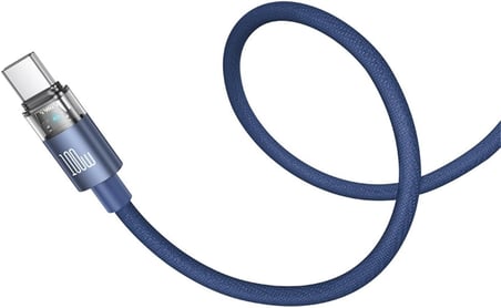 CA-5586 100W Typ-C to Typ-C Şeffaf Şarj Işıklı Kablo 1.6m Mavi
