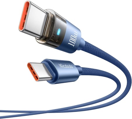CA-5586 100W Typ-C to Typ-C Şeffaf Şarj Işıklı Kablo 1.6m Mavi