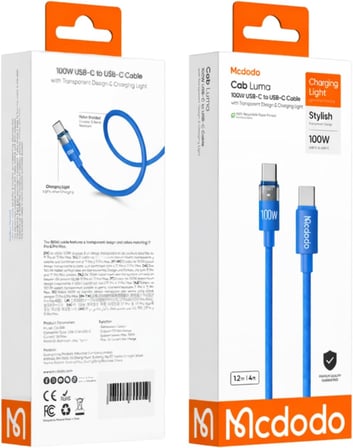 CA-5586 100W Typ-C to Typ-C Şeffaf Şarj Işıklı Kablo 1.6m Mavi