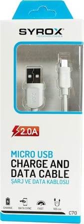 C70 2.0 MAH S6/S7 1.2 MT Mikro Kablo, Beyaz