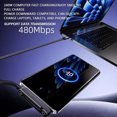 STORE Type-C PD 240W Örgülü Yassı Data Şarj Kablosu 480 Mbps Stand Özellikli