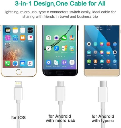 5103 Micro Usb Type C Lightnin Usb Data Şarj Kablosu, Beyaz
