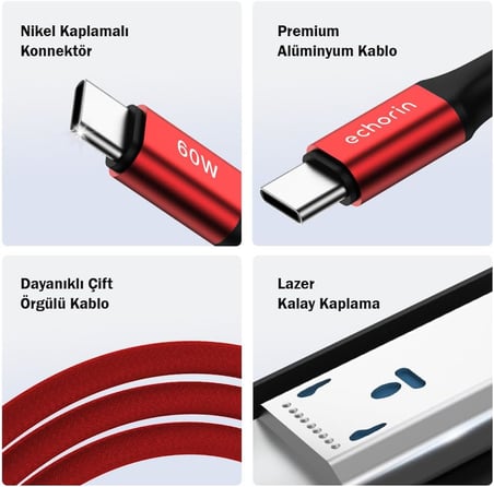 USB C'den USB C'ye 60W, 2.4A, 1m, PD 2.0, Çift Kat Örgülü Hızlı Şarj ve Data Kablosu (Kırmızı, 1 metre)
